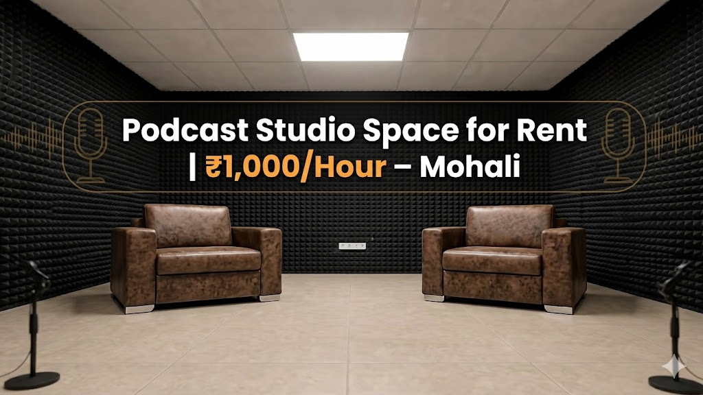 Podcast desk inside Puadh Studio soundproofed room Mohali