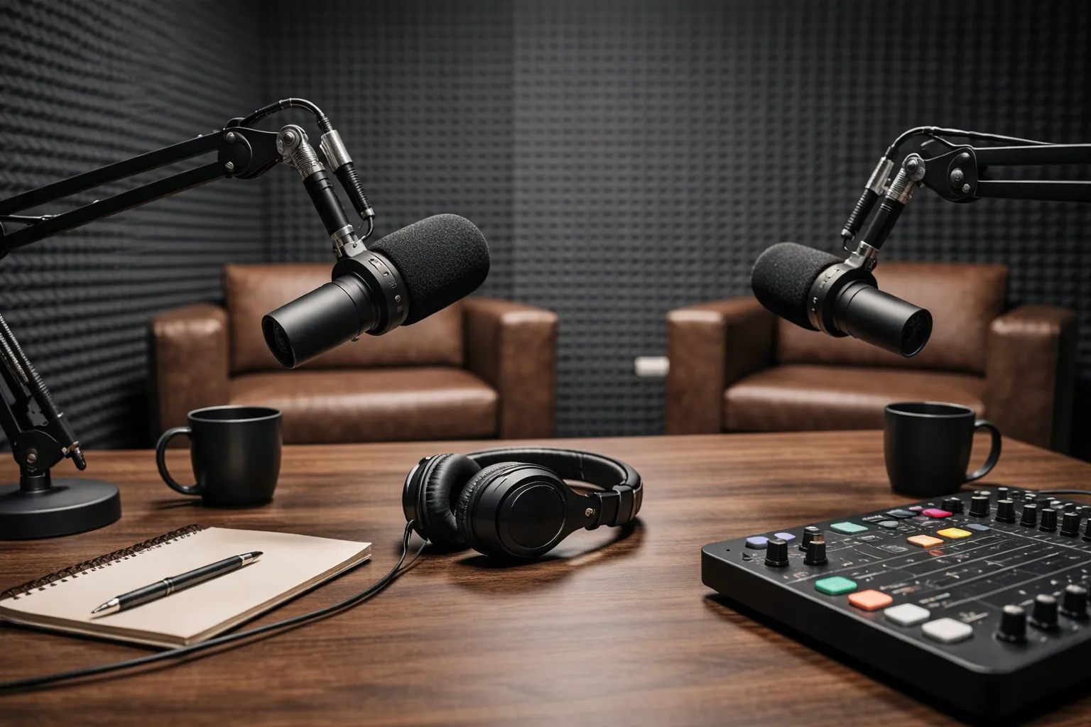 Podcast desk setup at Puadh Studio Mohali