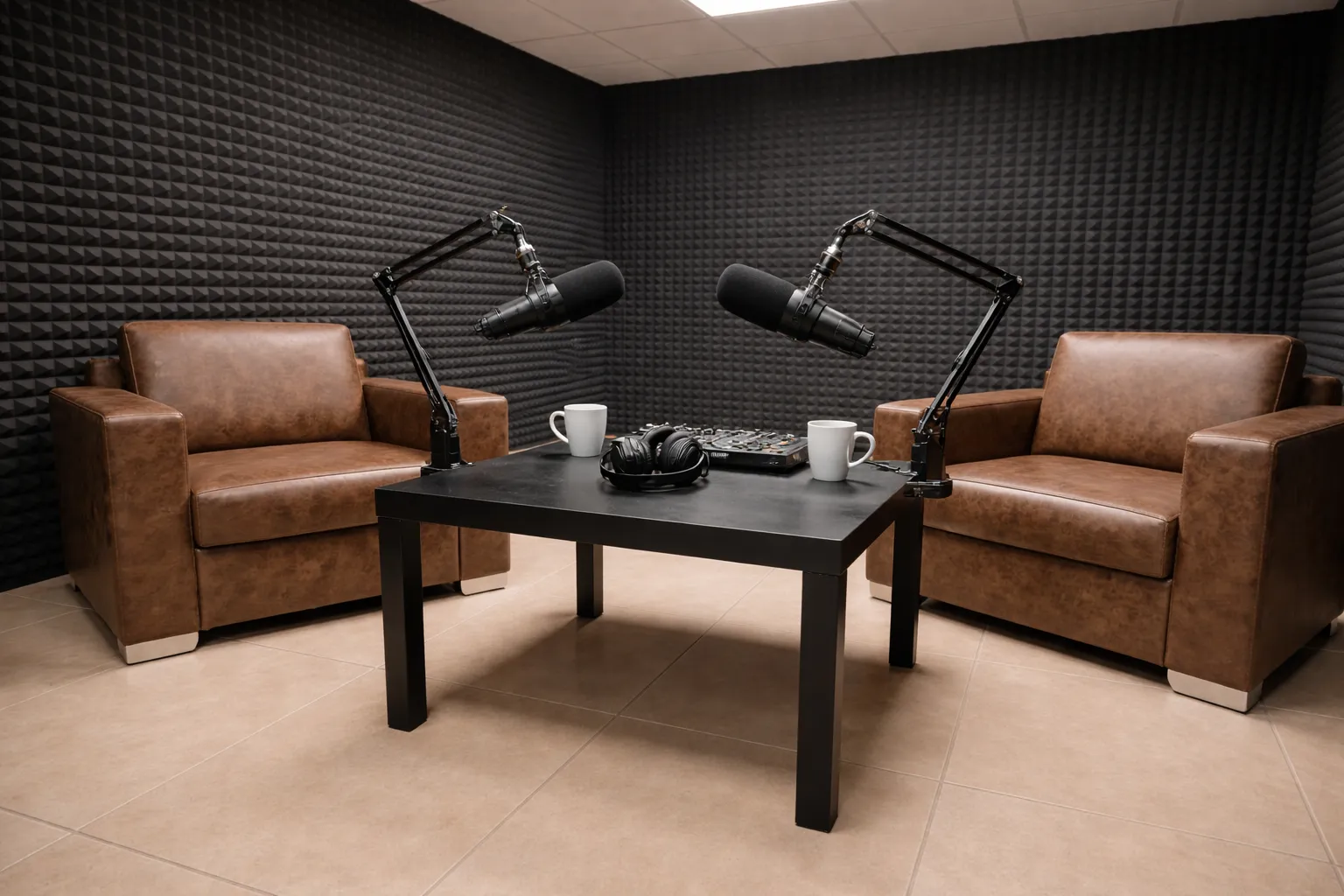 Professional microphone at podcast studio